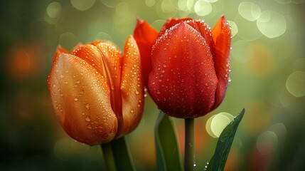  two orange tulips with drops of water on them, with a boke of light in the background.