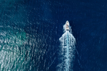 Wall Mural - vacation and leisure. aerial view on fast boat on blue sea at sunny day. fast ship on the sea surfac
