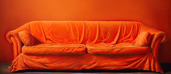 Canvas Print - A comfortable orange couch made of wood sits in front of a peachcolored wall. The warm hues create a cozy atmosphere, perfect for relaxing and enjoying the landscape art hanging above