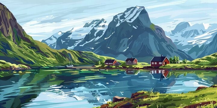 norwegian landscape with lake and mountains and cottages
