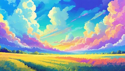 Wall Mural - landscape with rainbow, landscape with sun and clouds