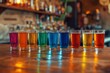 Row of colorful shot glasses on a bar, concept of variety and celebration in nightlife