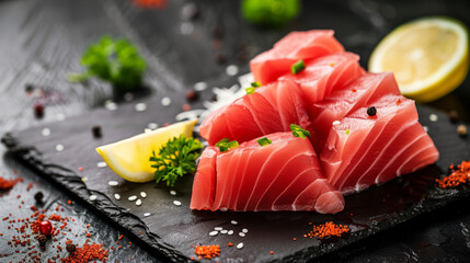 Wall Mural - Slices of red tuna meat with salt spices lemon on black background