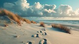 Footprints on coast sand on a beautiful sea background. AI generated.