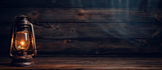 Poster - A lantern made of wood sits on a hardwood table in the dark, illuminating the landscape with a soft glow. The sky is filled with cumulus clouds, reflecting on the liquid surface of the water