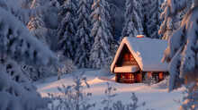A Cozy Winter Cabin Tucked Away In A Snow-covered Forest, The Warm Glow Of The Cabin Windows Contrasting With The Cool,  