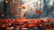 Fallen autumn leaves moving by a gust of wind. AI generated.