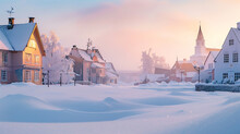 A Serene, Snow-covered Village Square In The Early Morning, The Buildings And Snow Detailed Against A Blurred Backdrop Of Dawn Light, 