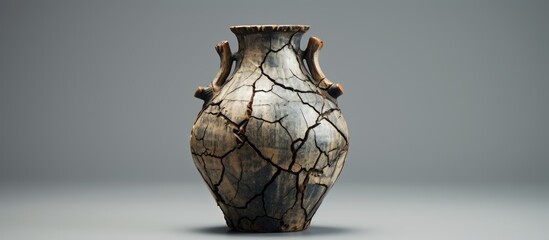 Poster - A cracked vase with two handles, made of natural material, sits on a table. Its detailed symmetry resembles a sculpture, blending art with still life photography and macro photography