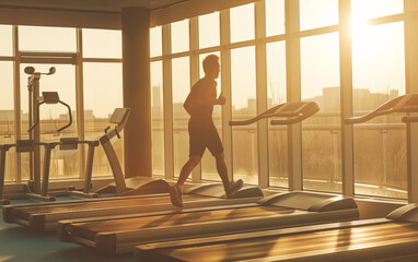 Sticker - A man running on a treadmill at the gym against a background of windows and the setting sun