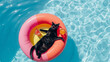 A black cat in sunglasses lounges in a pool on an inflatable ring with cocktails, exuding contentment and humor.