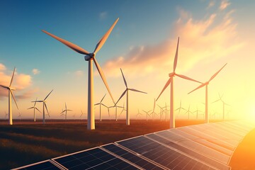 Wall Mural - solar energy panels and wind turbines at sunset, 3d render