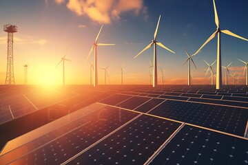 Wall Mural - solar energy panels and wind turbines at sunset, 3d render