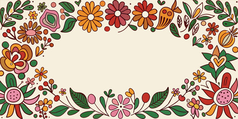 Wall Mural - Mexican background festive backdrop for festival Cinco de mayo. Mexico poster.. Hand-drawn flowers and leaves border design, ideal for invitations or cards