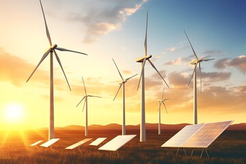 Wall Mural - solar energy panels and wind turbines at sunset, 3d render