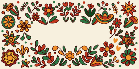 Wall Mural - Mexican background festive backdrop for festival Cinco de mayo. Mexico poster. Warm-toned, hand-drawn flowers create a vibrant border around a blank space for text