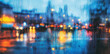 Raindrops on window with city lights bokeh. Wet glass surface with reflections of city illumination and bokeh lights creating a colorful background on a rainy evening