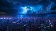 Electrifying moment captured over illuminated city skyline, showcasing nature's power amidst urbanization