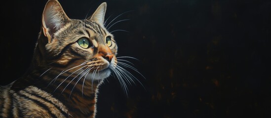 Sticker - A painting of a Felidae, small to mediumsized cat with green eyes gazing up in the dark. Its whiskers, fur, and carnivorous nature capturing the essence of a terrestrial wildlife creature