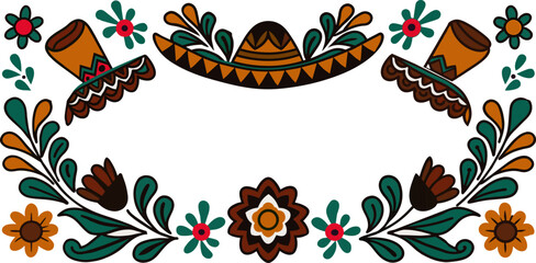 Wall Mural - Mexican background festive backdrop for festival Cinco de mayo. Mexico poster. Vibrant mexican folk art inspired frame with floral and sombrero elements