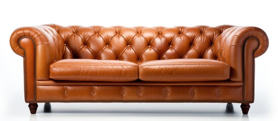 Wall Mural - A brown leather couch, a type of furniture, is placed on a white rectangular table. The couch offers comfort and is made of wood, an ingredient derived from trees