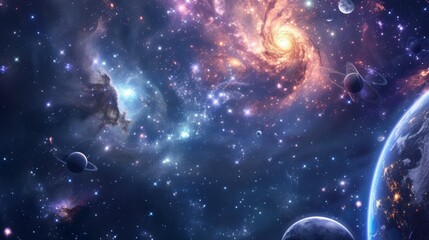 Wall Mural - this stunning space visualization showcases a vibrant galaxy formation, stars, and planets in cool b