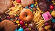 An enticing mix of savory fries and sweet treats like doughnuts and candies creating a contrast of flavors and textures in this image