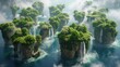 An enchanting visual of multiple green-covered floating islands set above a foggy ocean, creating a serene and mysterious atmosphere