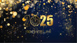 Karte oder Banner, um ein frohes neues Jahr 2025 in Gold zu wünschen. Die 0 wird durch eine Uhr auf blauem Hintergrund mit goldfarbenen Kreisen und Glitzer im Bokeh-Effekt ersetzt