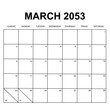 march 2053. monthly calendar design. week starts on sunday. printable, simple, and clean vector design isolated on white background.