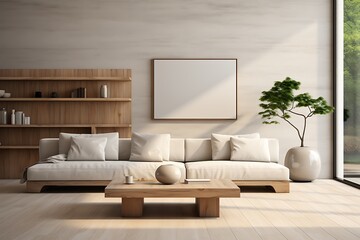 Wall Mural - Interior of modern living room with white walls, wooden floor, beige sofa and bookcase. 3d rendering