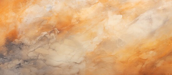 Sticker - A close up of a painting featuring smoke in hues of brown, amber, and beige, with tints of peach. The wood canvas adds a unique ingredient to the visual arts event