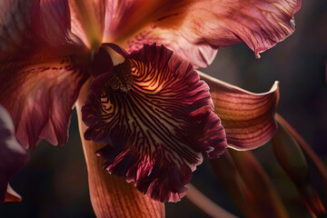 Sticker - A detailed closeup of an orchid, its delicate petals capturing the play of light and shadow. The depth of field blurs the background, emphasizing the intricate textures