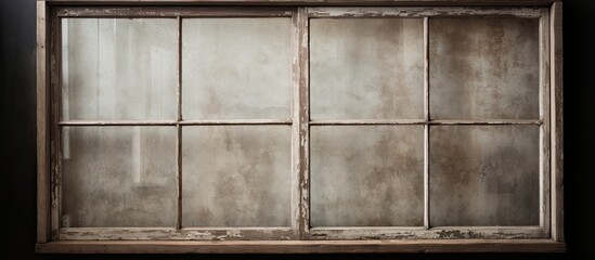 Sticker - A close up of a brown rectangular wooden window fixture against a black background, with glass panes and intricate symmetry. The flooring hints at tints and shades