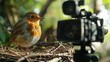 A behind-the-scenes setup where a live-streaming camera is visibly positioned just behind a bustling robin's nest, offering viewers a unique perspective on the hatchlings as they're fed