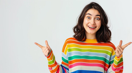 Wall Mural - Young girl with emotion on her face in striped colored sweater on white background