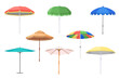 © lembergvector - Open beach umbrellas set. Cute parasol collection for tropical sea summer holidays, outdoor garden or travel pool accessory for hot sun protection and shade summertime cartoon vector illustration