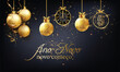 cartão ou banner para desejar um novo começo para o novo ano de 2025 em ouro sobre fundo preto com brilho e bolas de Natal e relógio pendurados em cor dourada