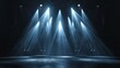 This image captures pure white spotlight beams piercing through mist on an empty stage, creating a sense of anticipation