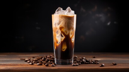 Poster - Delicious tall glass of iced coffee with creamy swirls and coffee beans on a wooden surface