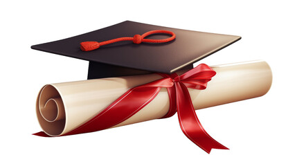 A graduation cap rests atop a rolled-up diploma