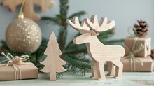 Closeup Of Wooden Toy Moose With Handcrafted Christmas Tree, Presents. Scandinavian Style Minimal Eco Friendly Xmas Decorations