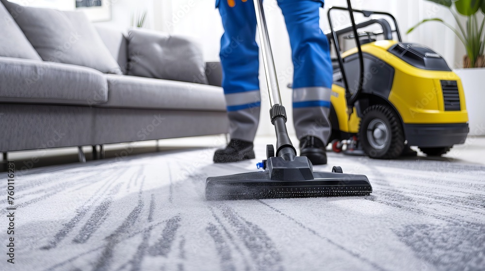 Professional cleaning service using a high-powered vacuum cleaner on a carpet in a modern home setting. Commercial cleaning equipment in use for domestic upkeep. Home cleaning and maintenance concept
