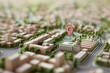 Geofencing technology. A stylized, miniature city model with a large geo pin prominently placed. The use of geofencing in urban areas for marketing, security, and logistics.