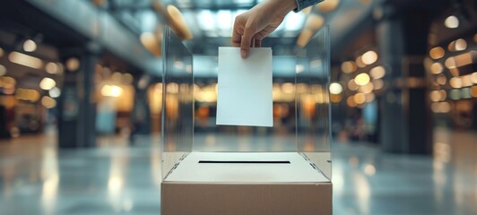 Hand placing a ballot into a voting box. Voter at a polling station. Caucasian person voting. Concept of democracy, presidential elections, freedom, political process. Wide Banner.