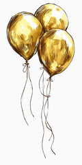 Canvas Print - three gold foil birthday balloons. cartoon pencil drawing style