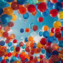 Poster - looking up to a sky full of colorful balloons