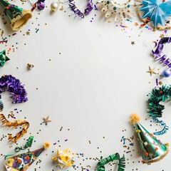 Poster - carnival decoration on a white surface, center is empty, top-down-view