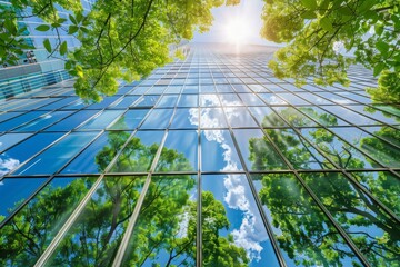 exemplifying the esg - environmental, social, governance concept, a corporate glass building facade 