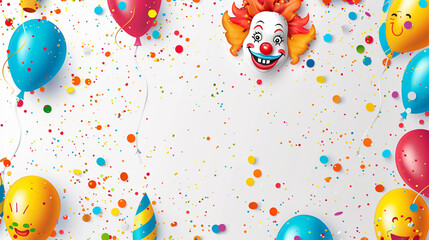 Poster - white page with illustrated edeges, ballons an happy clown faces, colorful